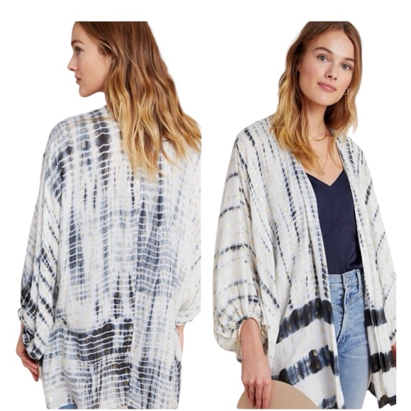 Anthropologie Tops - Anthropologie Vada Gold Shimmer Tie Dye Navy & White Cocoon Kimono One Size